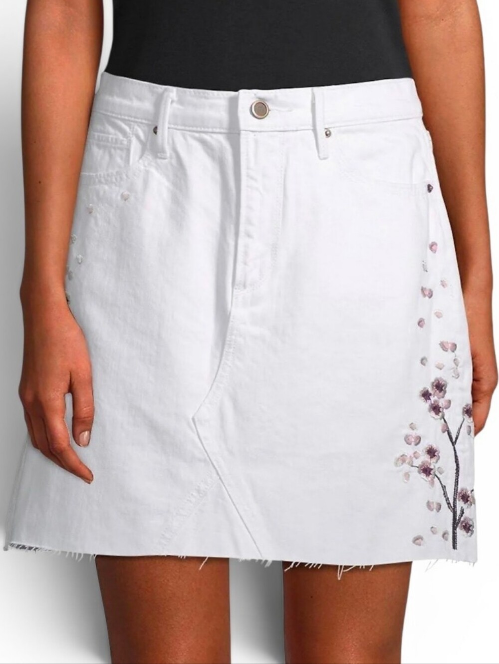 DRIFTWOOD White Embroidered Denim Raw Hem Stef Skirt - Size 30